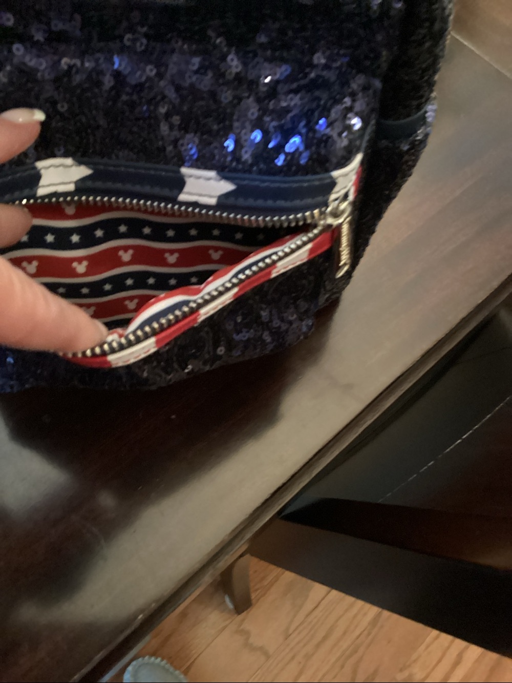 Disney navy blue Sequin Minnie Ear Backpack with Red White Blue Bow - Picture 8 of 9